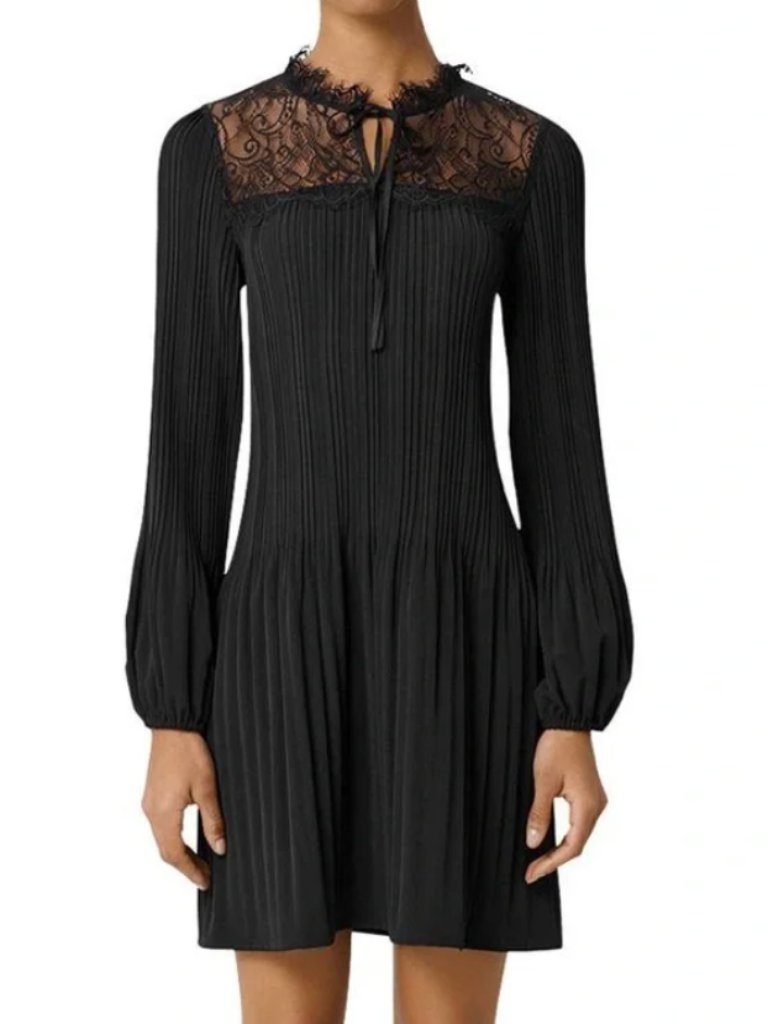 Maje Rockette Pleated Lace Inset Mini Dress Black Size 2
